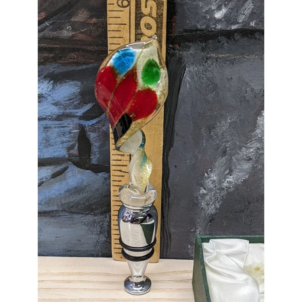 Murano Art Glass Wine Stopper Metal Barware In Box Red Aqua White  Gold specks